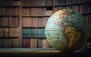 Globe in Front of a Book Shelf