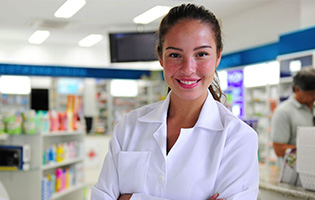 female in white lab coat smiling